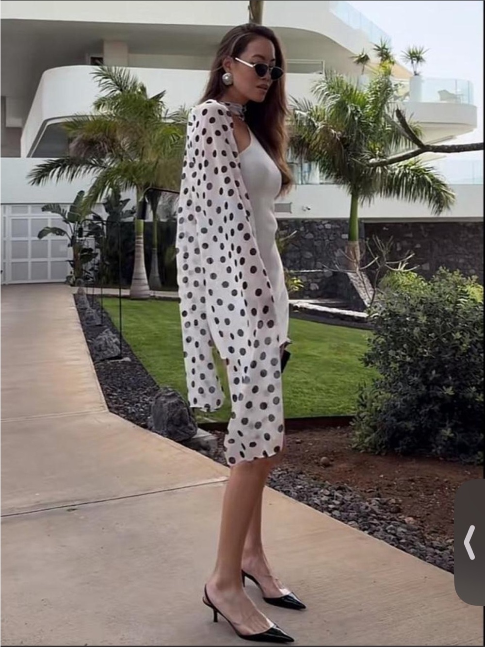Zara White Midi Dress with Black Polka Dot Overlay